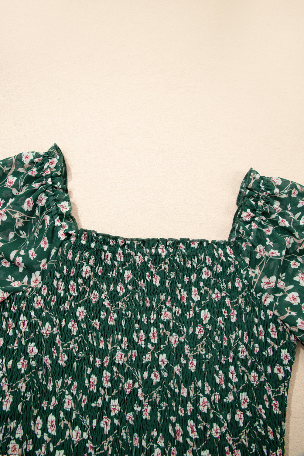 Green Smocked Square Neck Puff Short Sleeve Floral Dress eAura