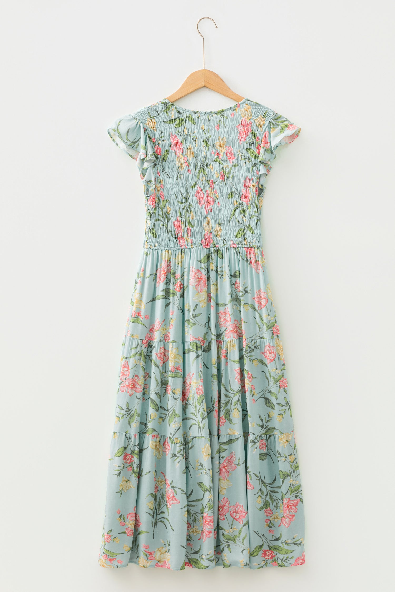 Smocked Shirred Bodice Ruffled Sleeveless Tiered Floral Maxi Dress