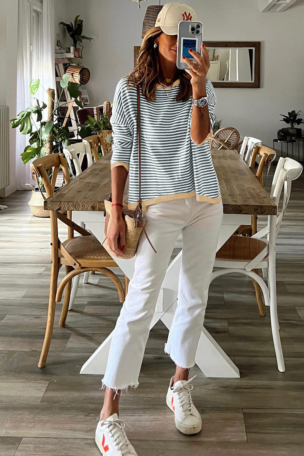 Contrast Trimmed Striped Drop Shoulder Sweater eAura