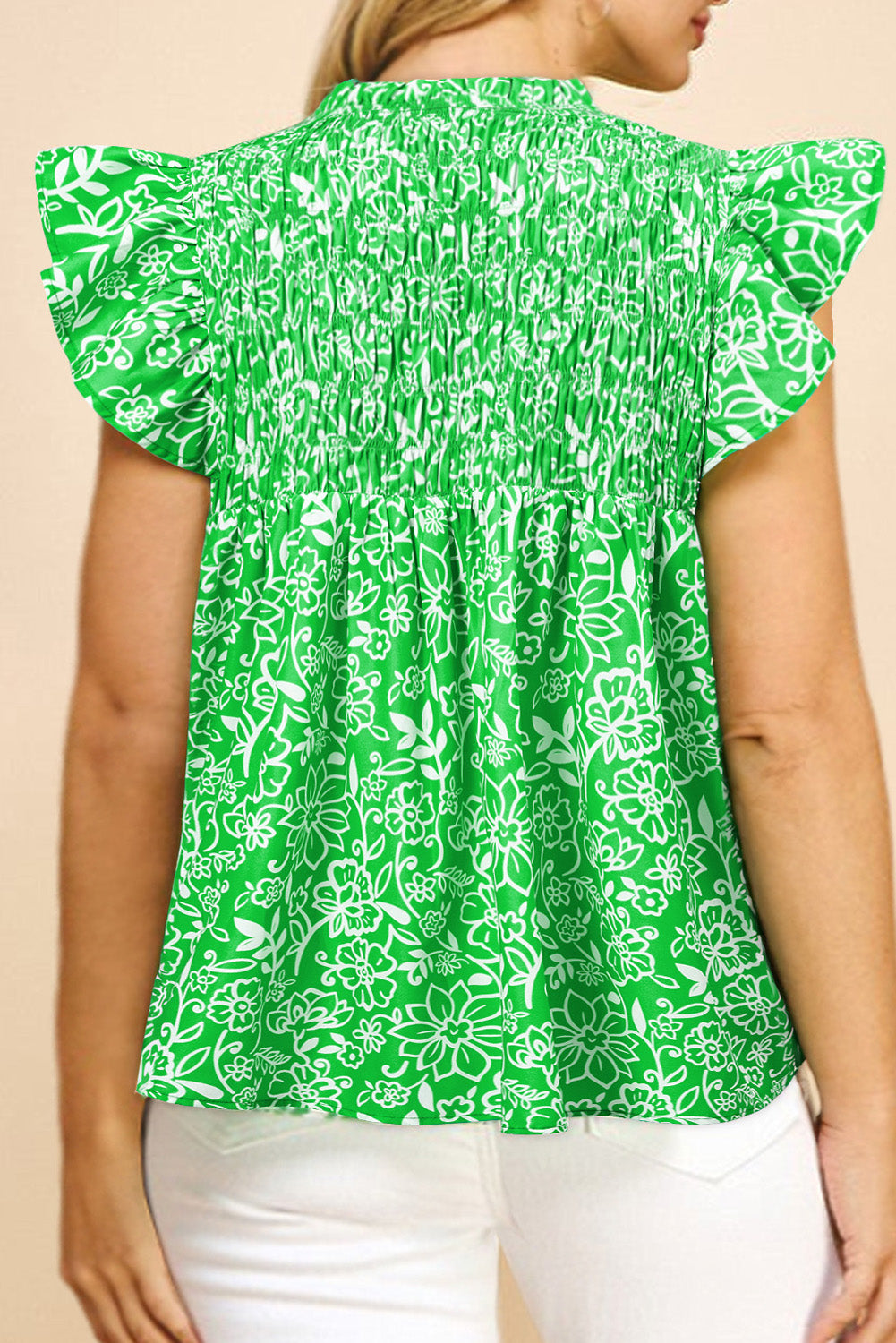 Green Floral Flutter Sleeve Shirred Notched Neck Plus Size Blouse BB Fashion Outlet