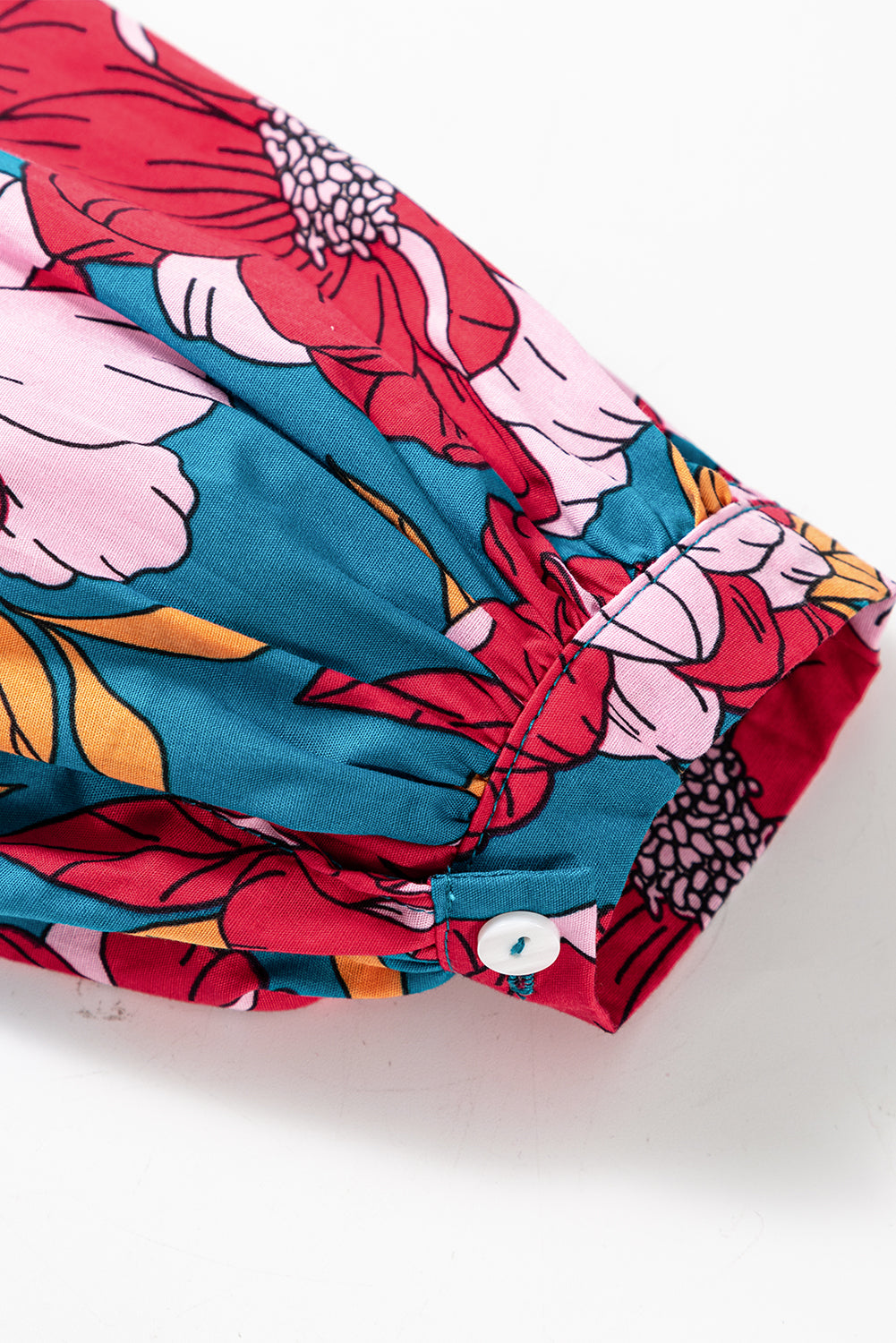 Red Floral Printed Balloon Sleeve Half Buttons Blouse eAura