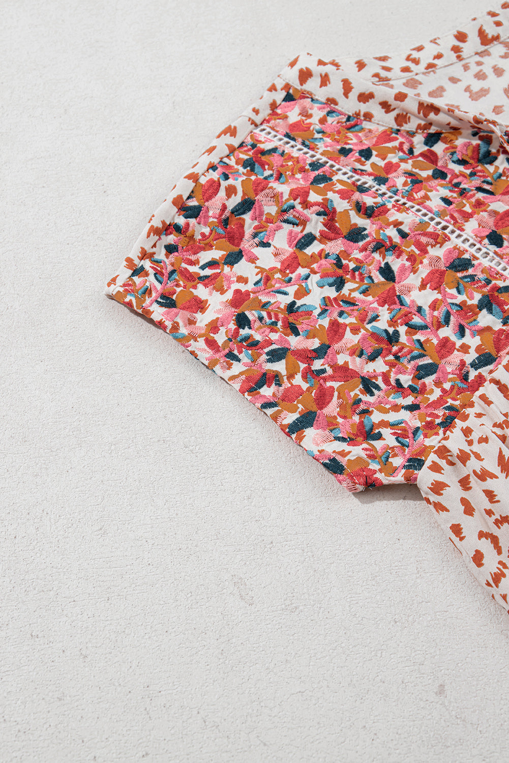 Red Printed Embroidery Detail Tie Split Neck Blouse eAura