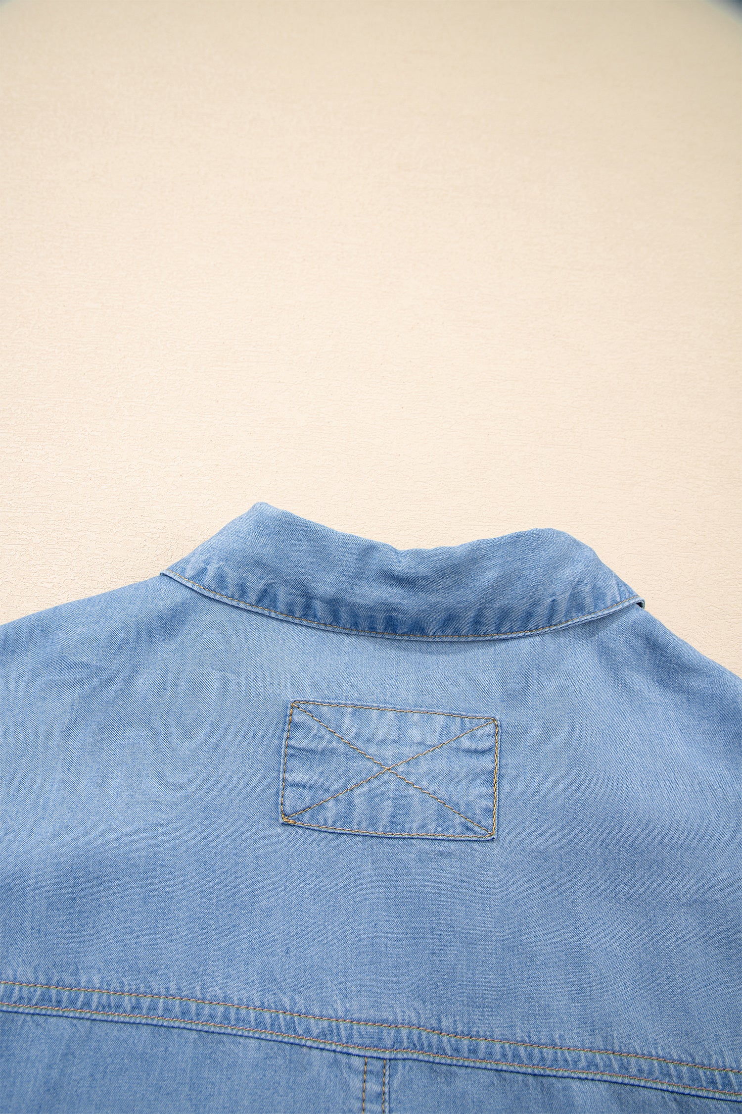 Half Sleeve Button Down Ruffled High Low Chambray Shirt