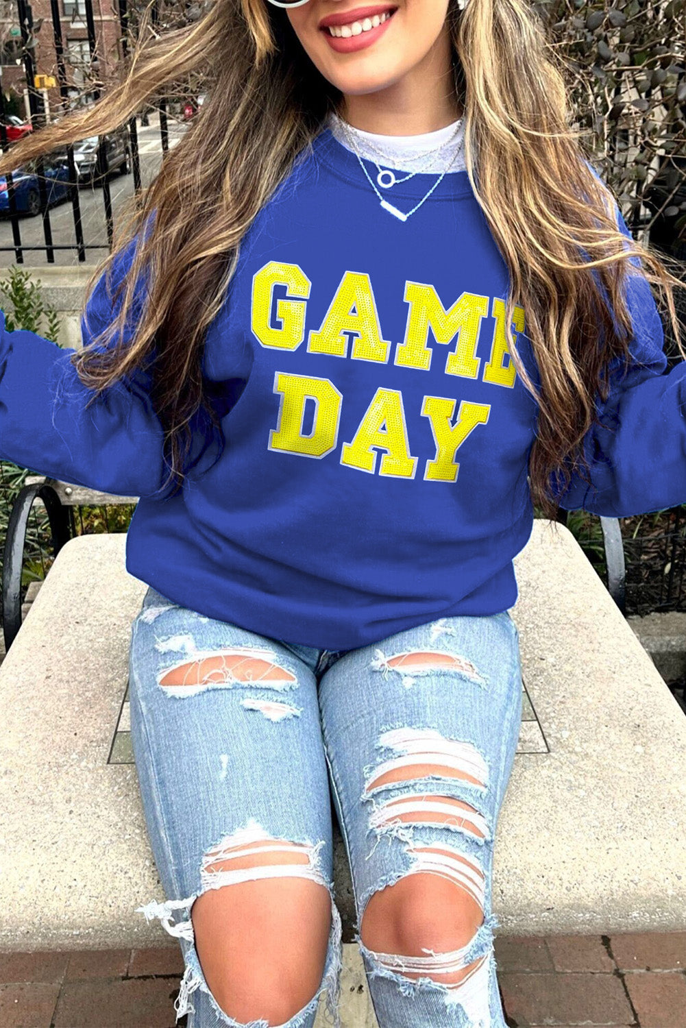 Dark Blue Game Day Crew Neck Graphic Pullover Sweatshirt eAura