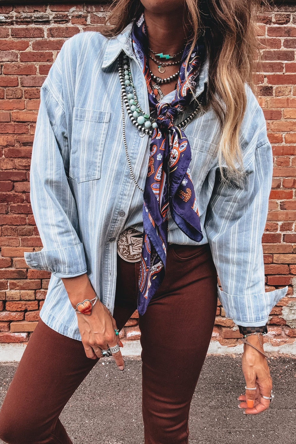 Blue Striped Boyfriend Chest Pocket Classic Denim Shirt - Tops/Blouses & Shirts