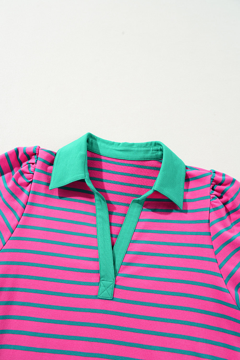 Pink Stripe Collared V Neck Puff Sleeve T Shirt Dress BB Fashion Outlet