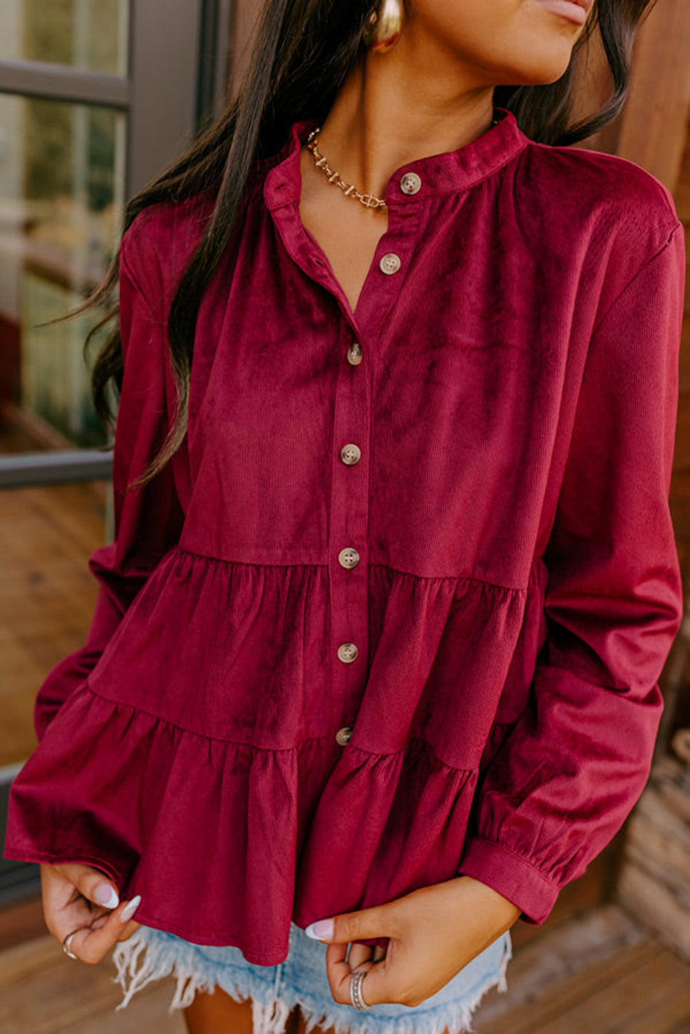 Burgundy Corduroy Ruffle Tiered Buttoned O Neck Shirt eAura