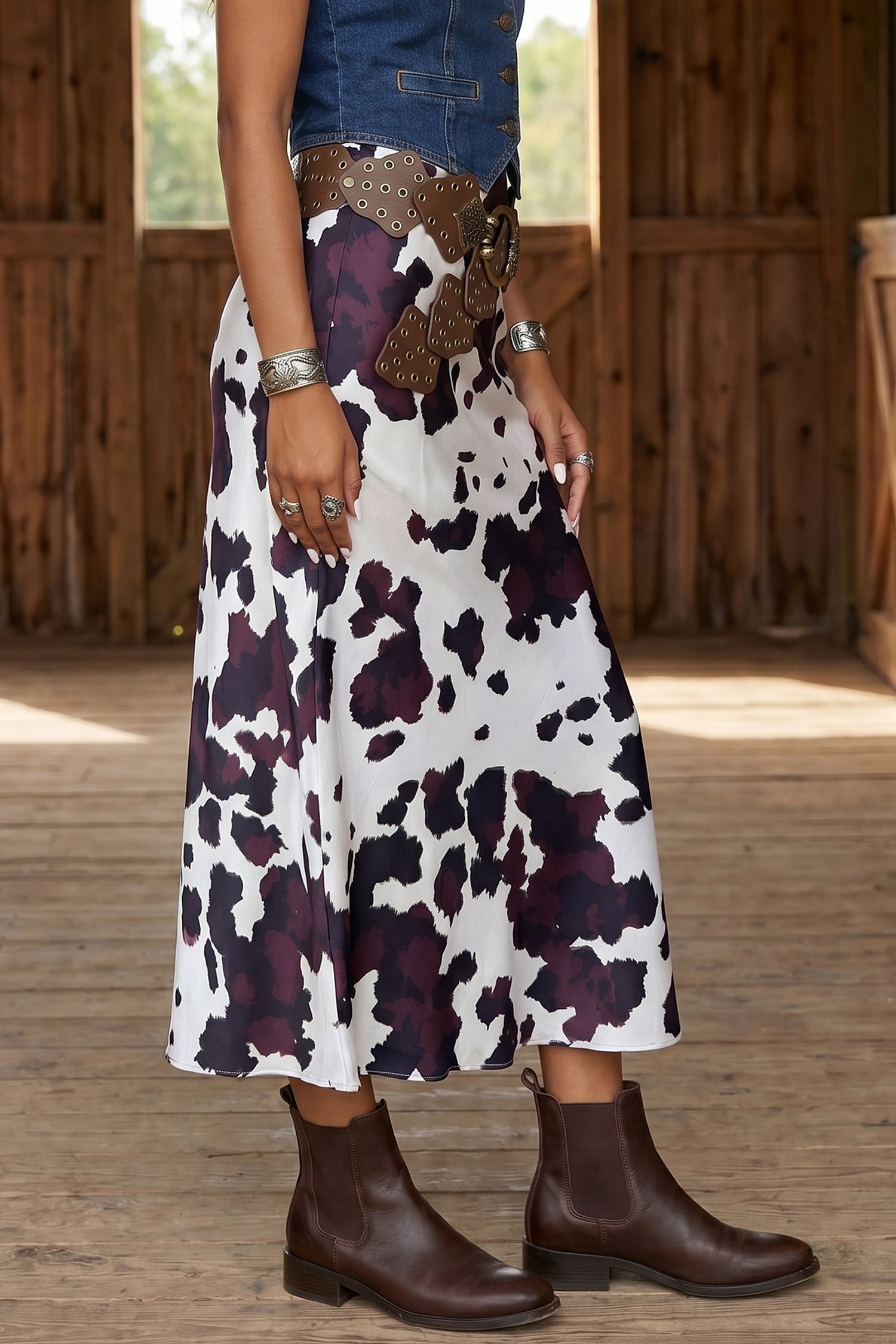 Abstract Print Western Long Metal Zip-Up Waist Daily Wear Skirt – Brown