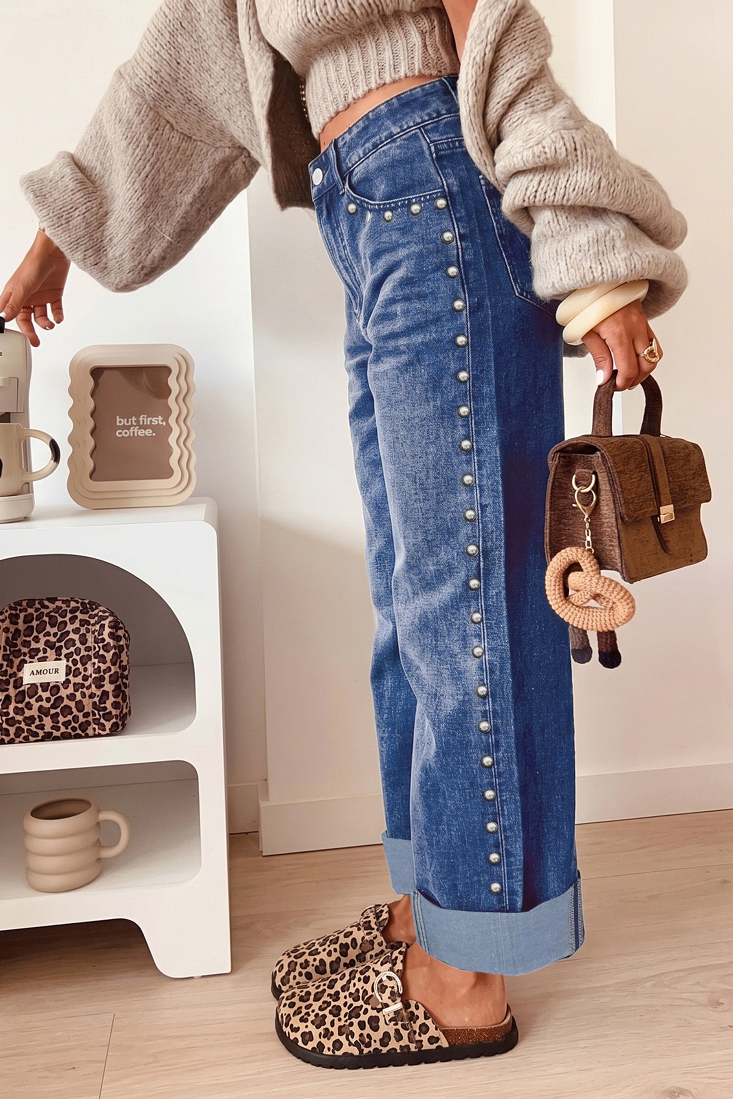 Studded Detail Straight Leg Casual Loose Jeans – Black