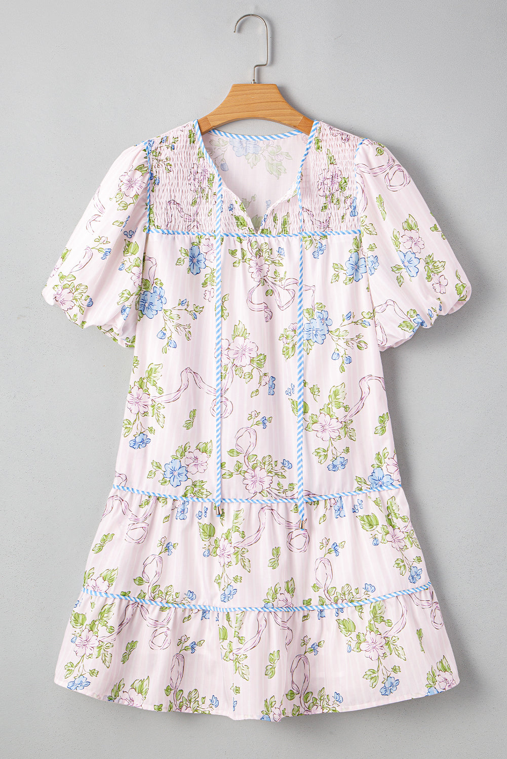 Floral Striped Print Contrast Trim Tie Split Neck Mini Dress eAura