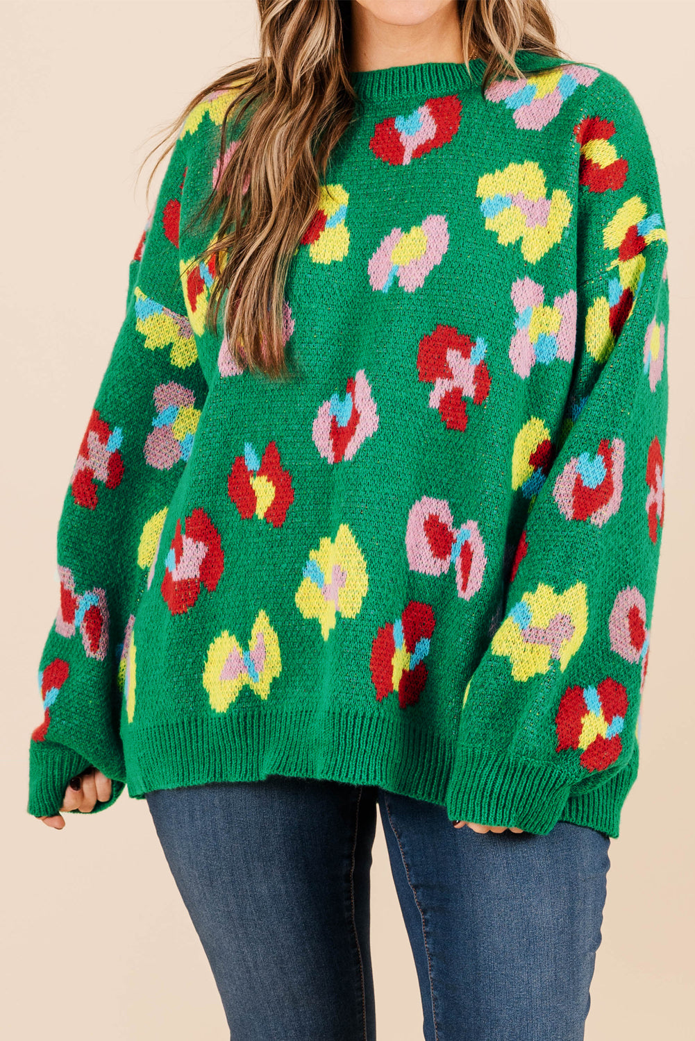 Green Plus Size Floral Knitted Ribbed Edge Drop Shoulder Sweater BB Fashion Outlet