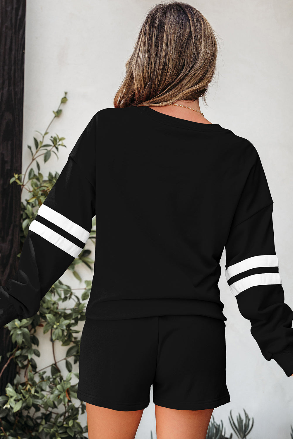 Varsity Striped Sleeve Drop Shoulder Sweatshirt and Shorts Co-ord Set eAura