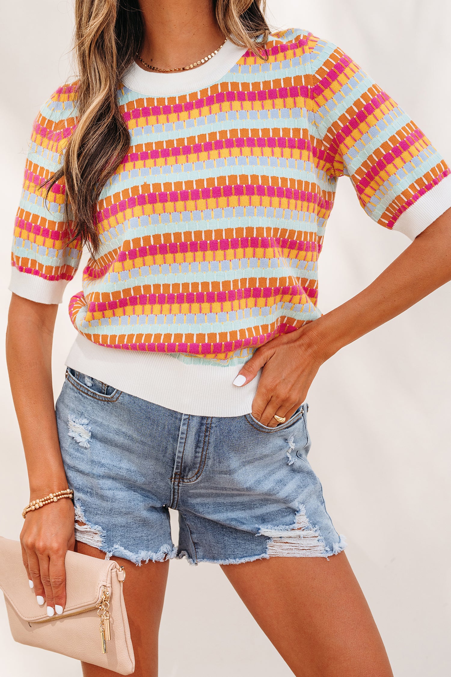 Abstract Striped Knit Short Sleeve Sweater