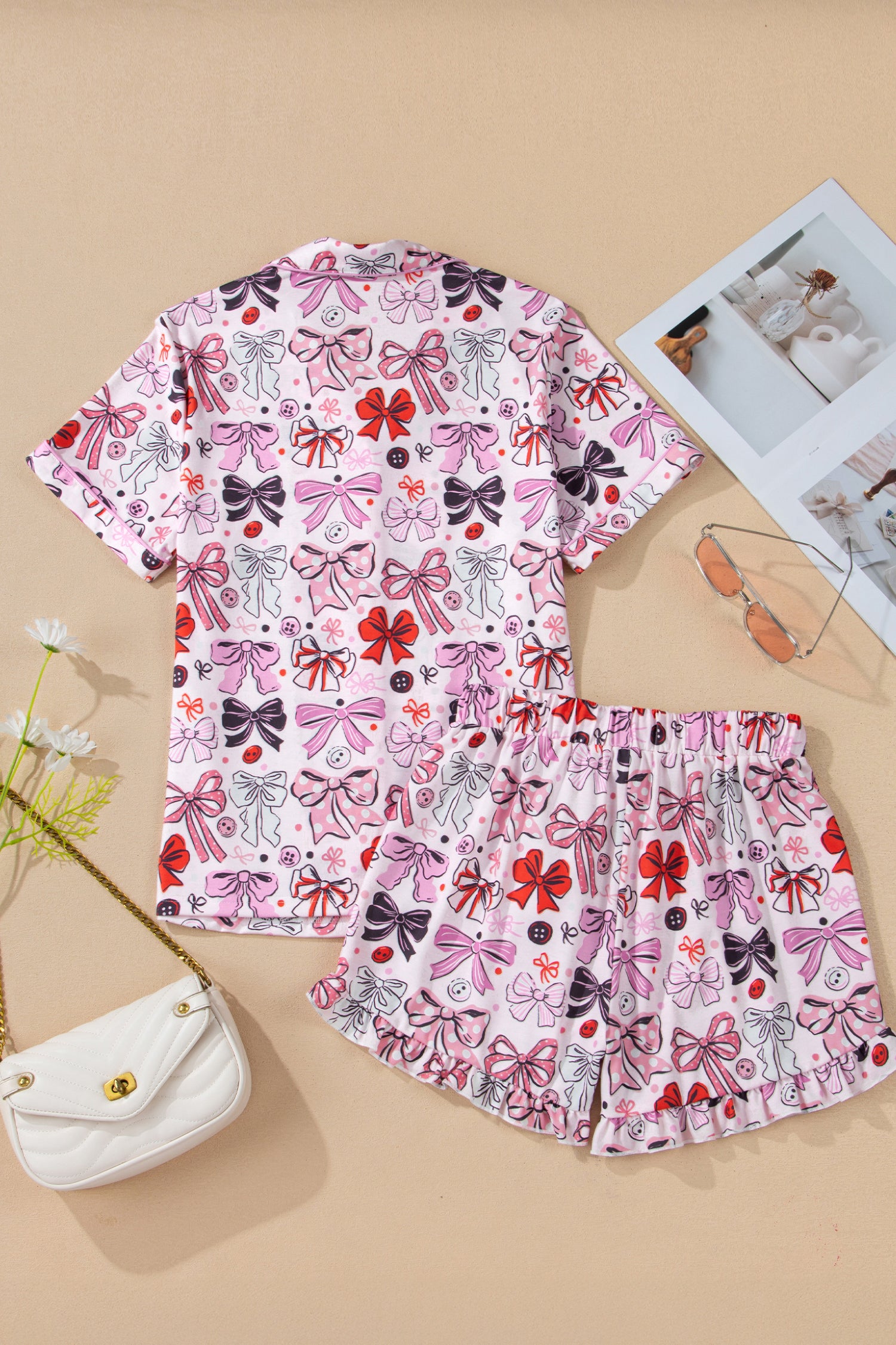 Cute Ribbon Bows Printed 2pcs Short Pajama Set – Pink