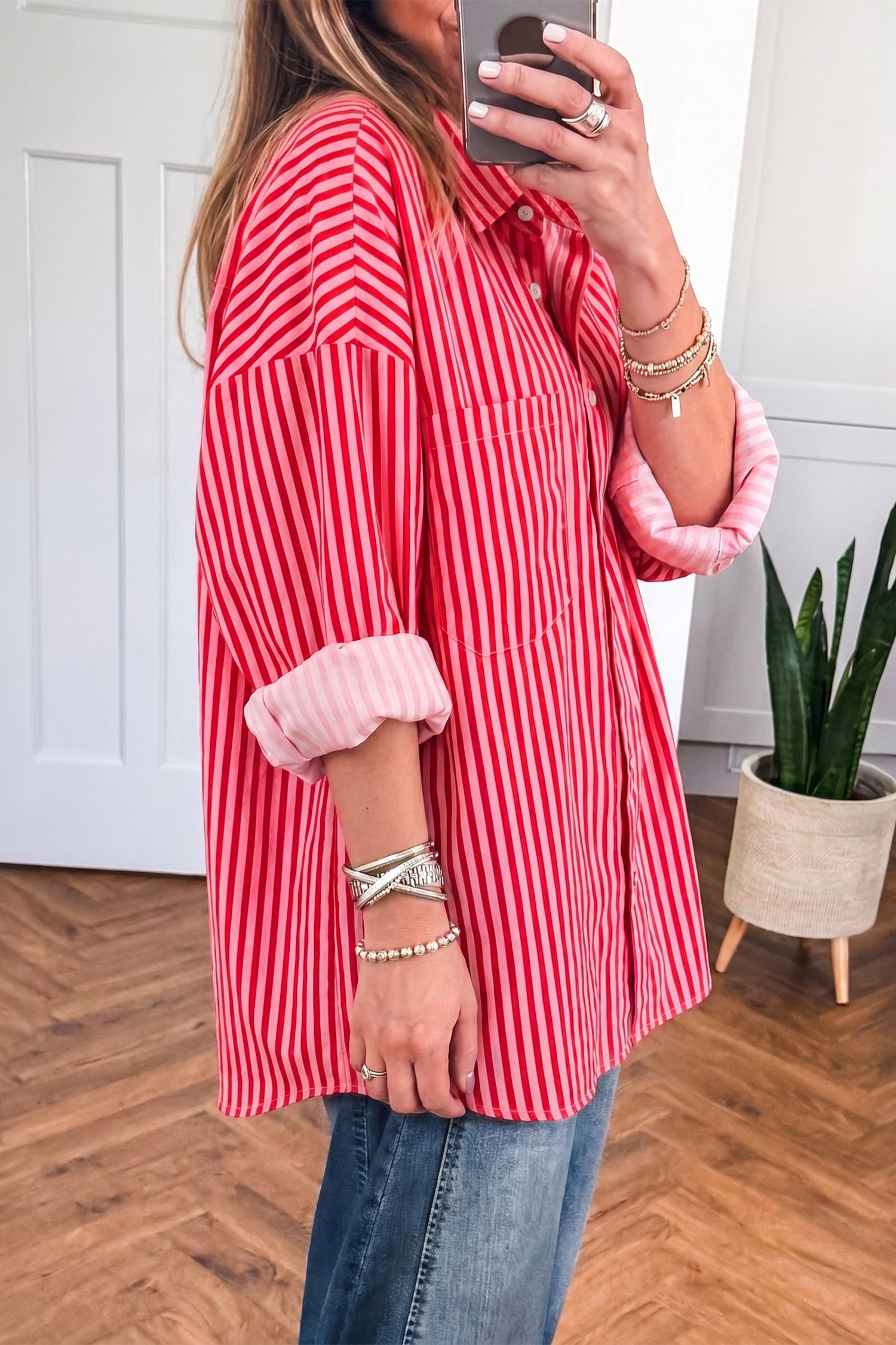 Button-Up Shirt Long Sleeve Patch Pocket Casual Shirt – Red Stripe