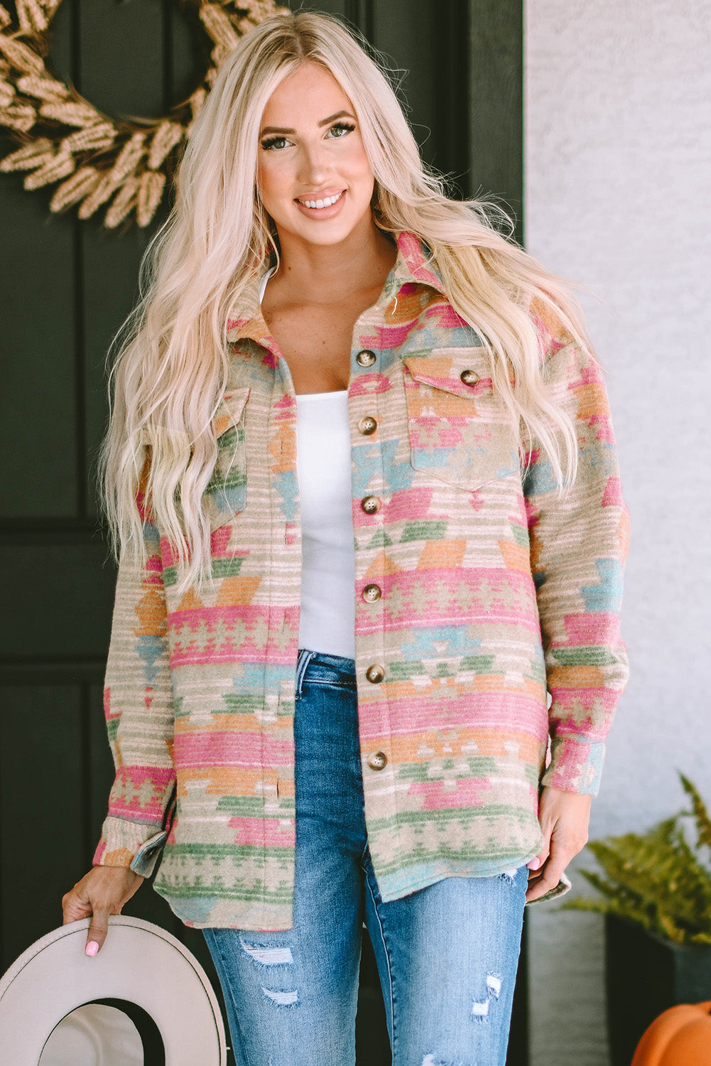 MultiColour Western Aztec Print Button Flap Pocket Shacket eAura