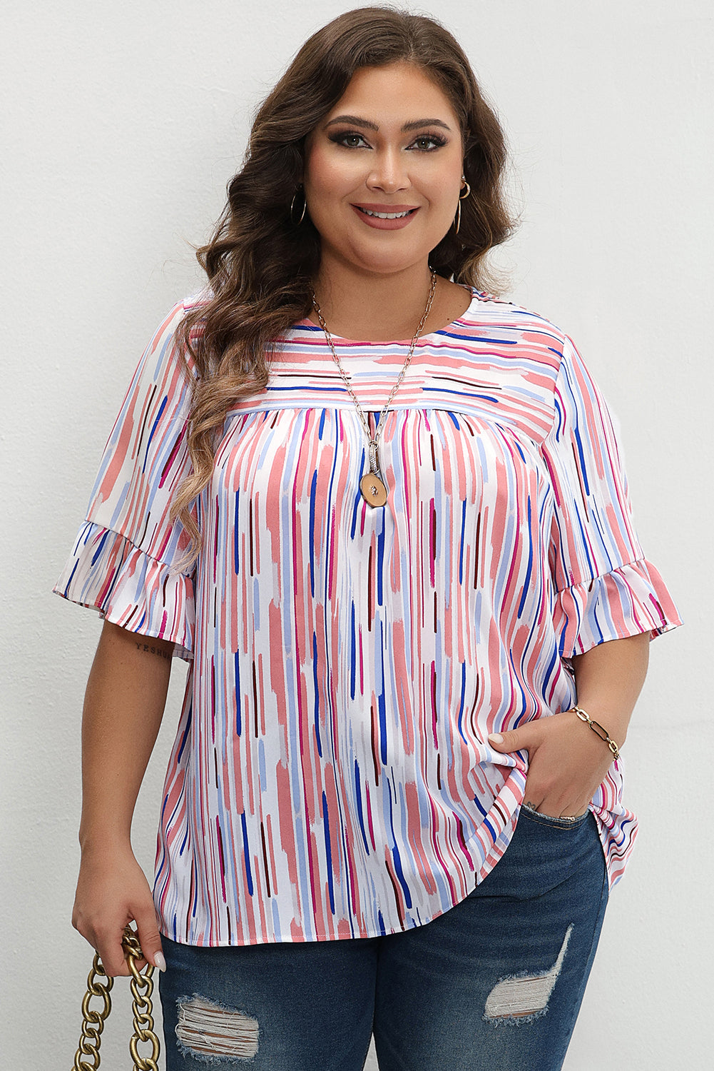 White Stripe Ruffled Short Sleeve Plus Size Blouse BB Fashion Outlet