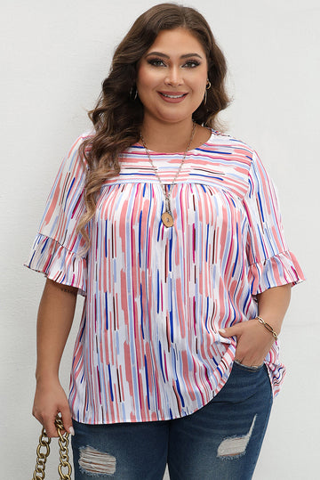 White Stripe Ruffled Short Sleeve Plus Size Blouse BB Fashion Outlet