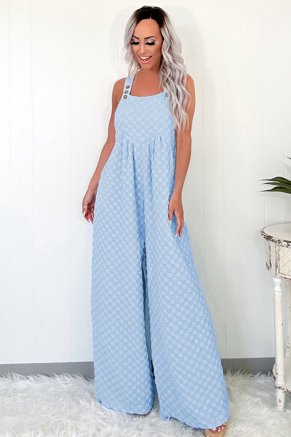 Beau Blue Checkered Pocketed High Waist Wide Leg Overall Dungarees eAura