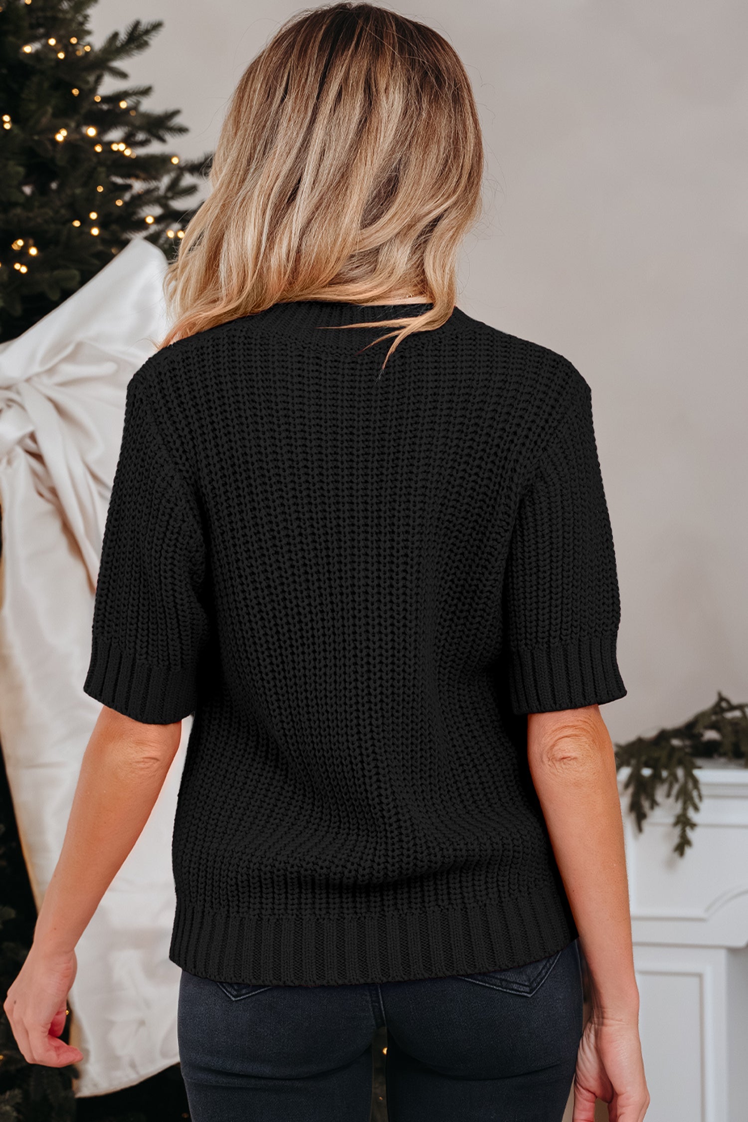 Plaid Lace up Detail Christmas Holiday Puff Short Sleeve Sweater - eAura