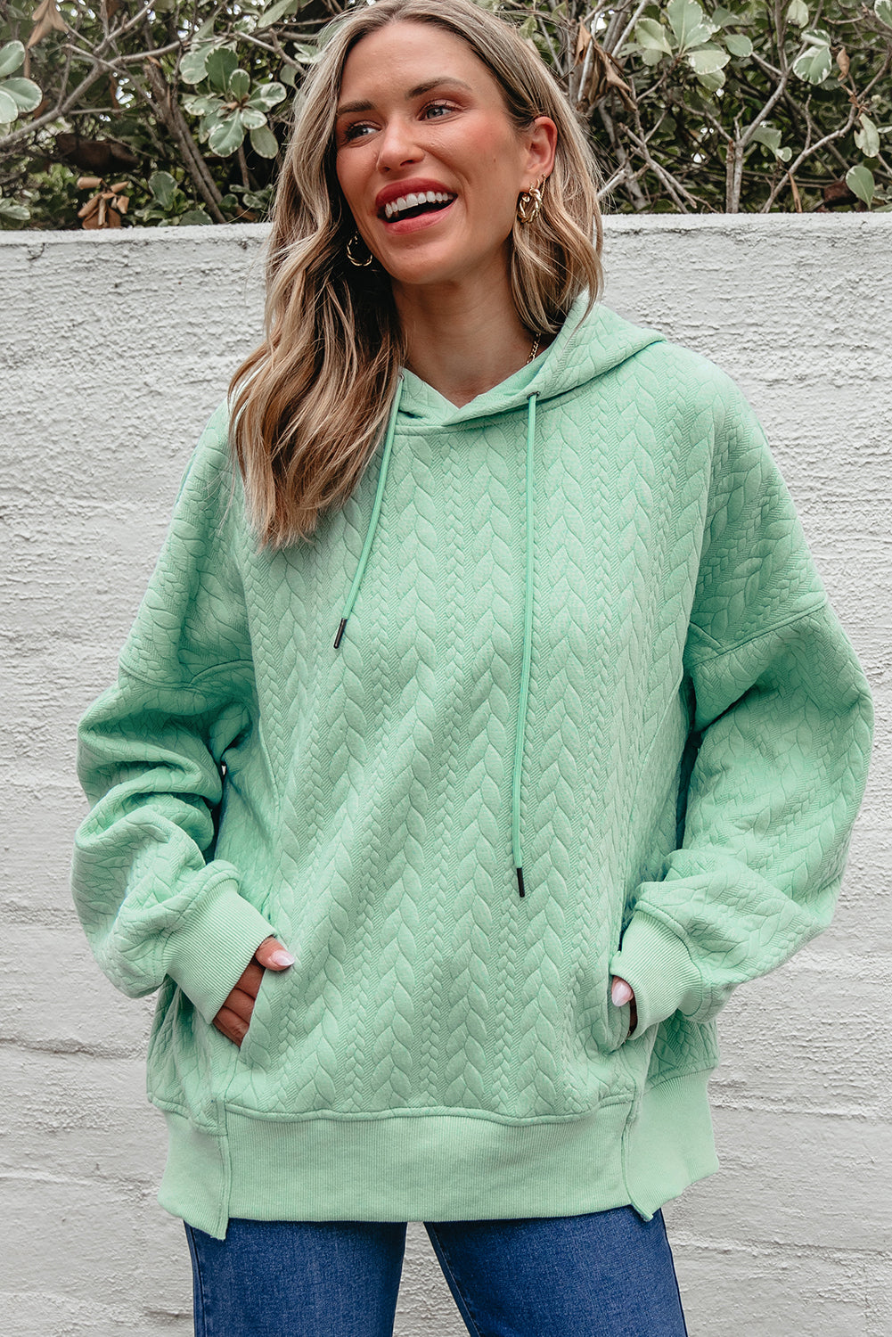 Cable Textured Baggy Hoodie - Tops/Sweatshirts & Hoodies