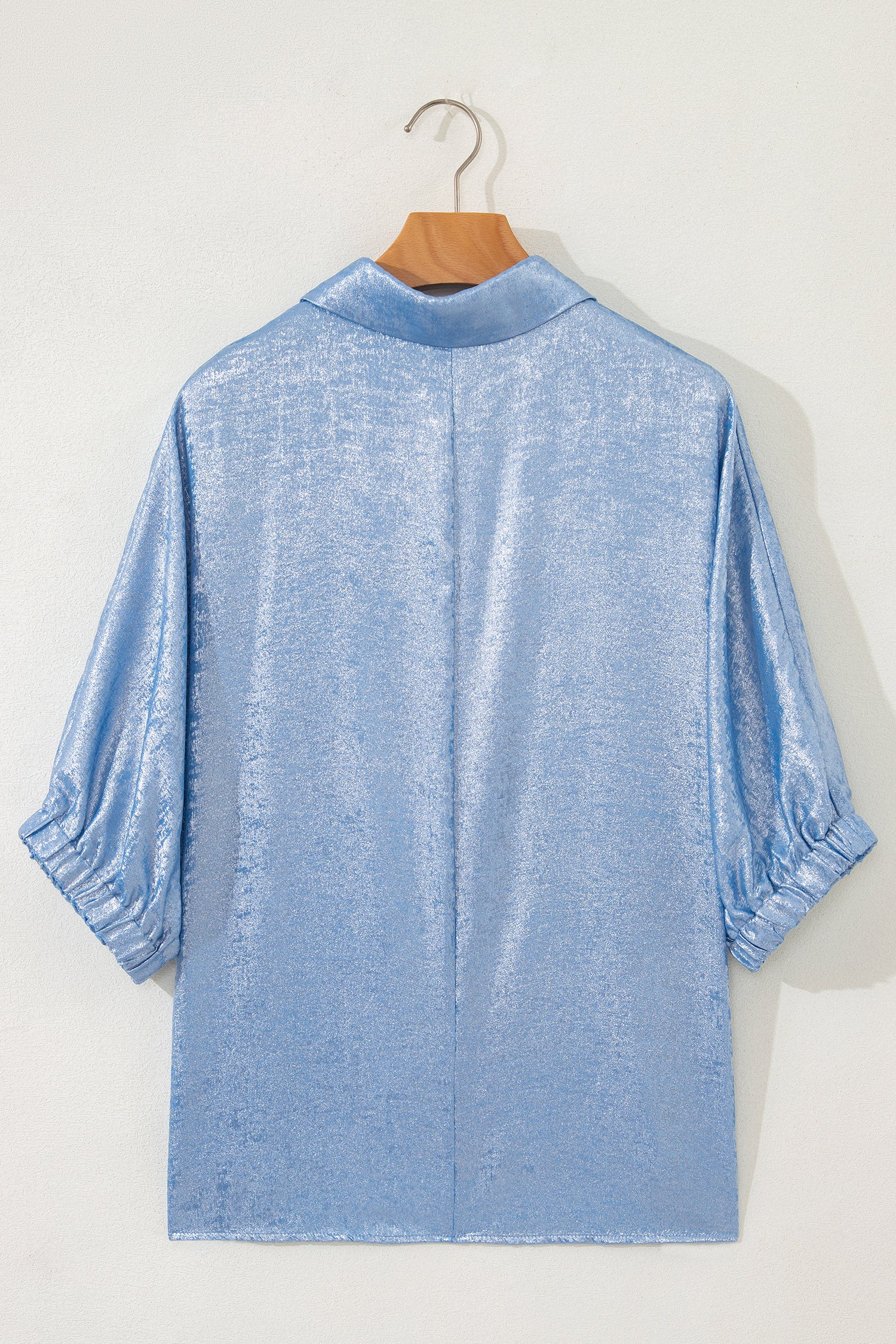 Collared V-Neck Half Sleeve Metallic Top
