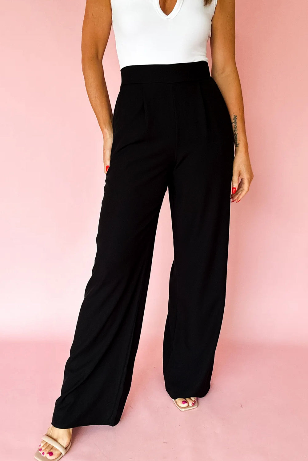 Black Pleated Detail Pull On Elastic High Waist Straight Trousers - eAura