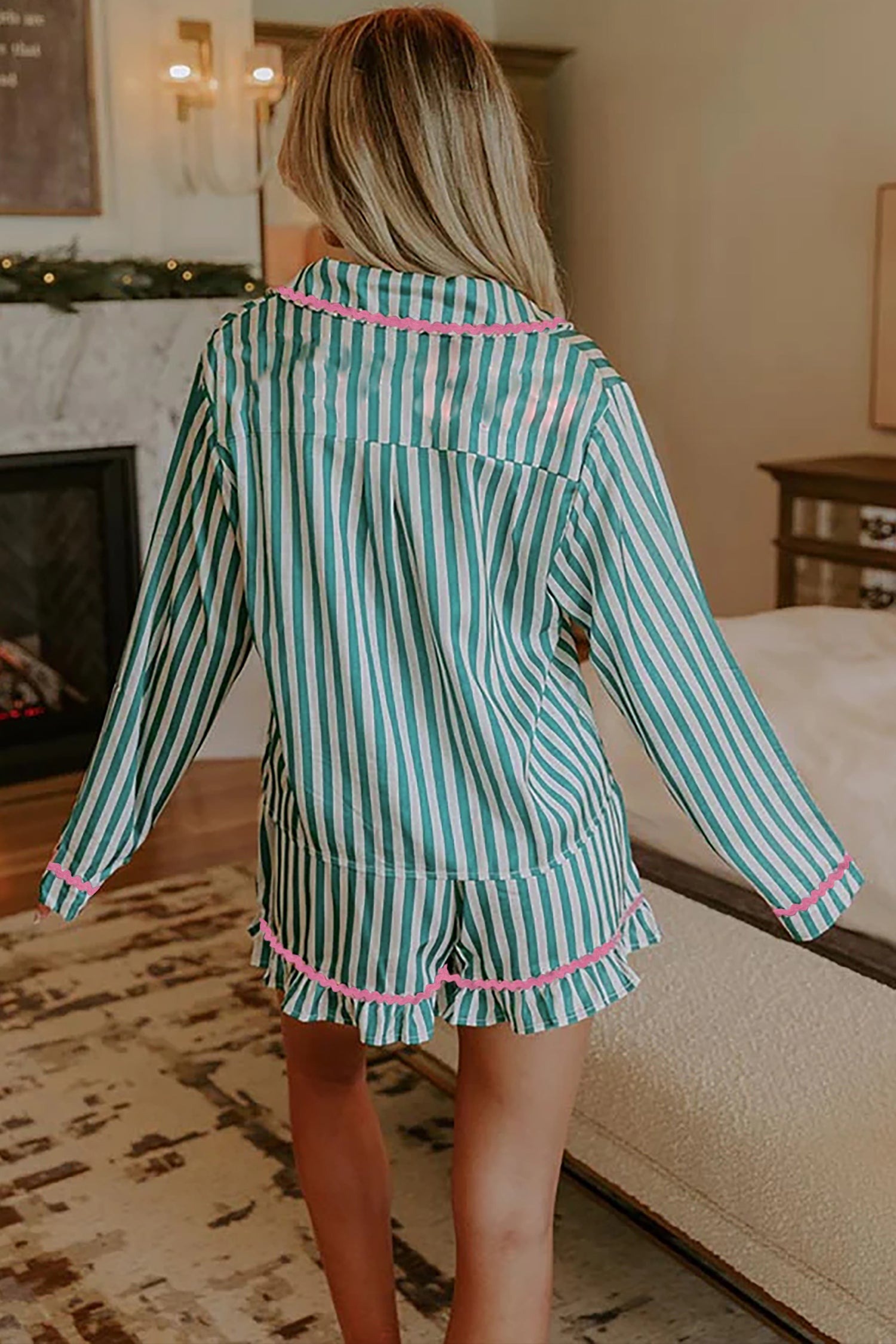 Contrast Ricrac Trim Long Sleeve Shirt Drawstring Ruffled Pajama Short Set – Green Stripe