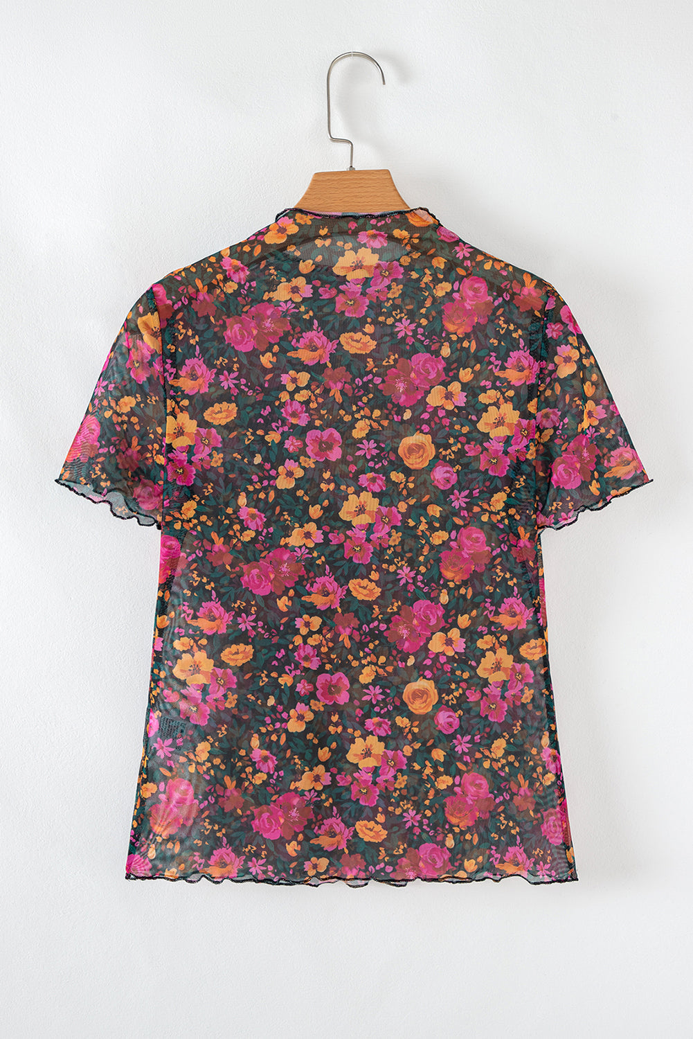 Rose Floral Print Mesh Stand Neck Short Sleeve Top eAura