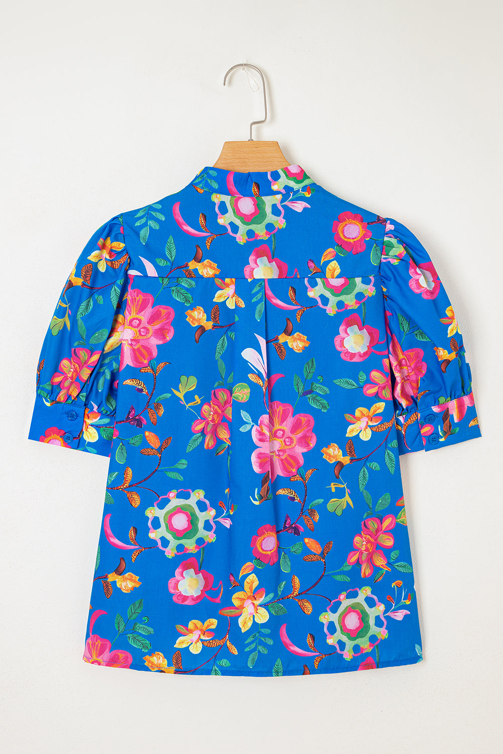 Floral Puff Sleeve Button-Up Shirt – Blue
