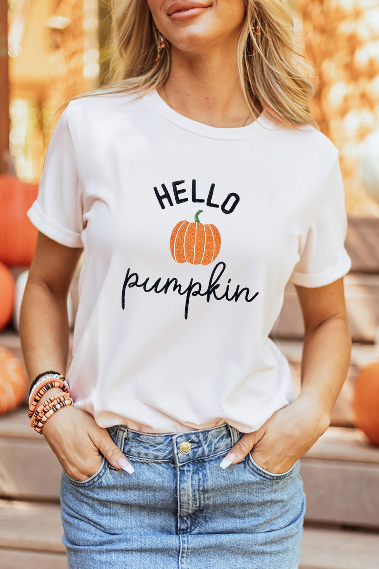 Embroidered Pumpkin Slogan Short Sleeve T-Shirt – White
