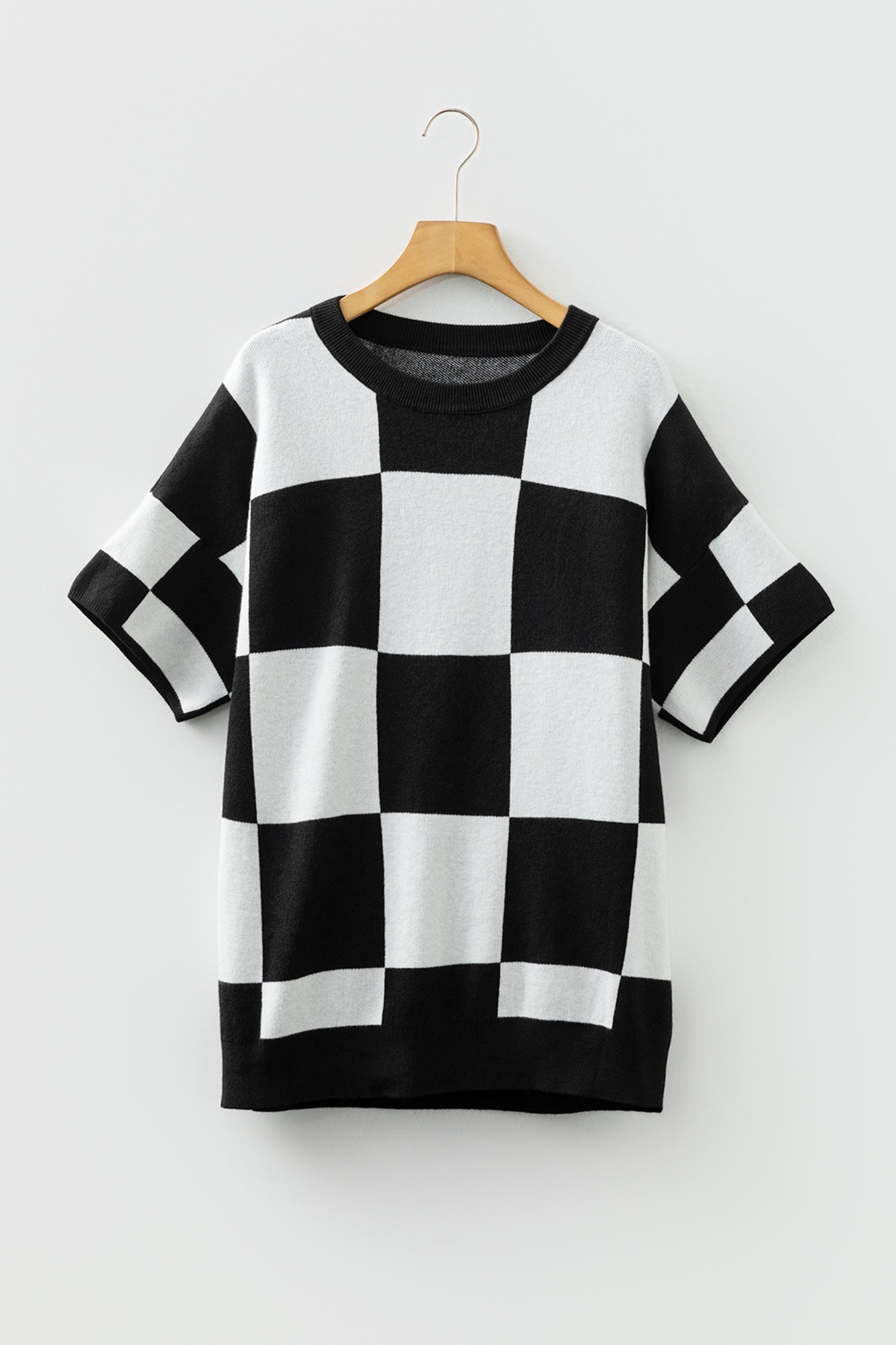 Checkered Pattern Loose Drop Shoulder Half Sleeve Sweater - Sweaters & Cardigans/Short