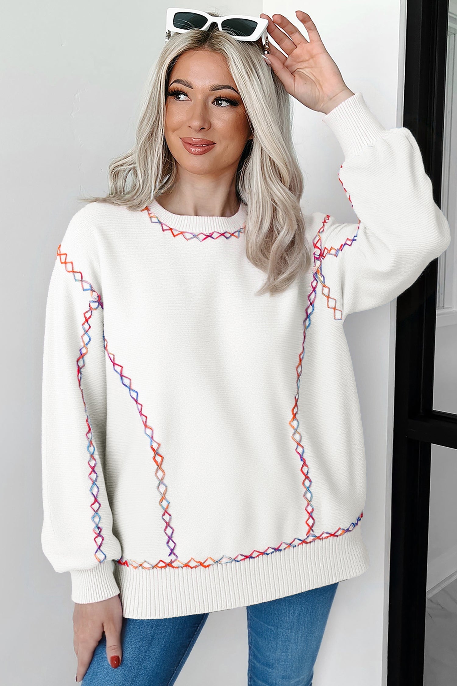 Rainbow Stitching Balloon Sleeve Relaxed Sweater - eAura
