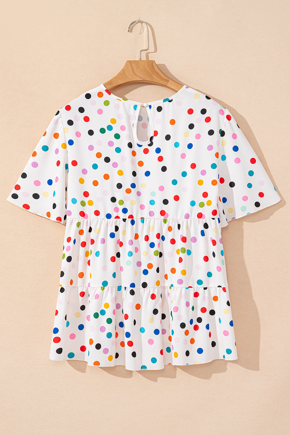 White Colourful Polka Dot Short Sleeve Tiered Ruffled Babydoll Blouse eAura