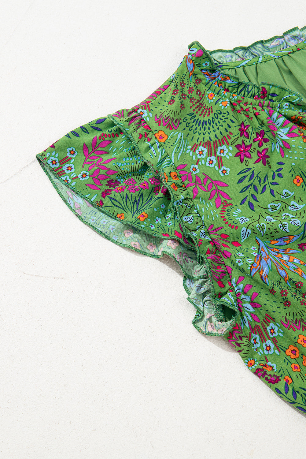 Green Floral Tie Split Neck Frilly Ruffle Trim Tiered Short Dress eAura