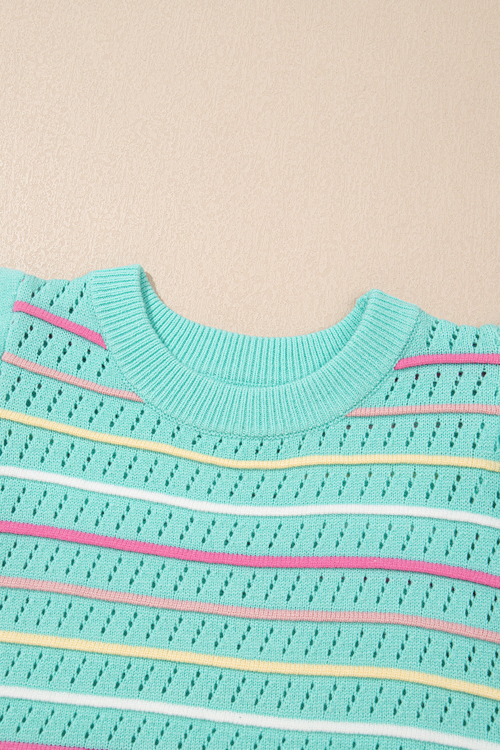 Green Colourful Striped Eyelet Knit Ruffled Sleeve Sweater T Shirt eAura