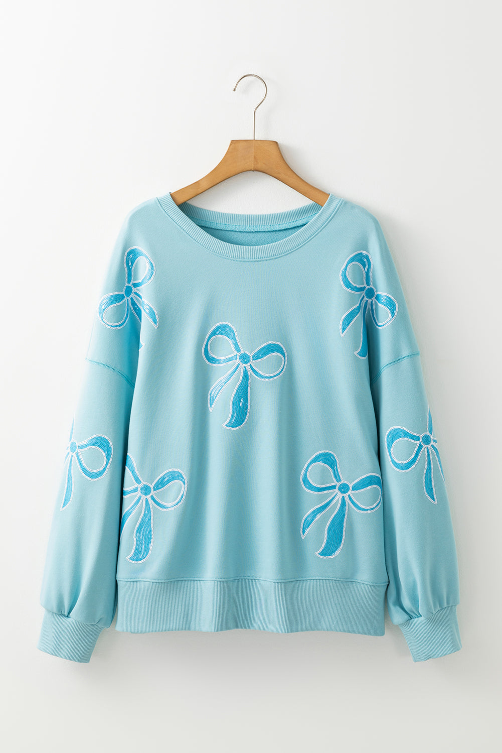 Beau Blue Sequined Bowknot Drop Shoulder Oversized Sweatshirt eAura
