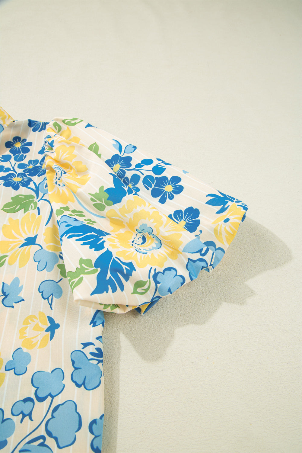 Blue Floral Striped Mixed Print Puff Short Sleeve Blouse eAura