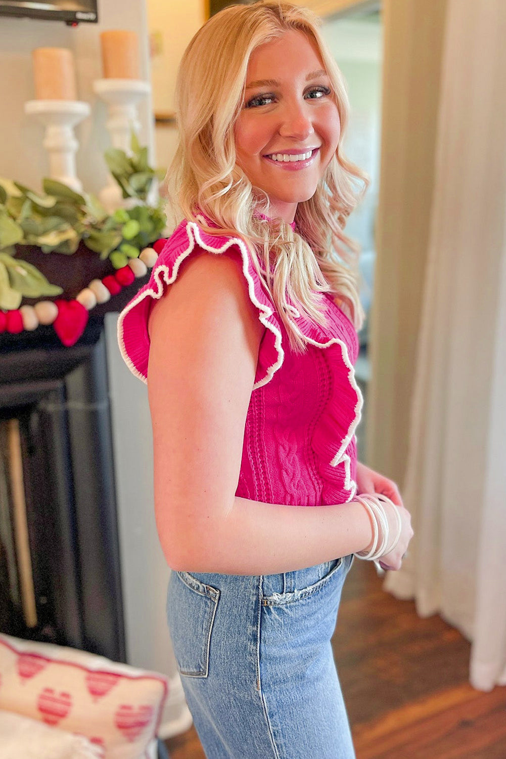 Strawberry Pink Textured Knit Ruffled Mock Neck Sweater Tank eAura
