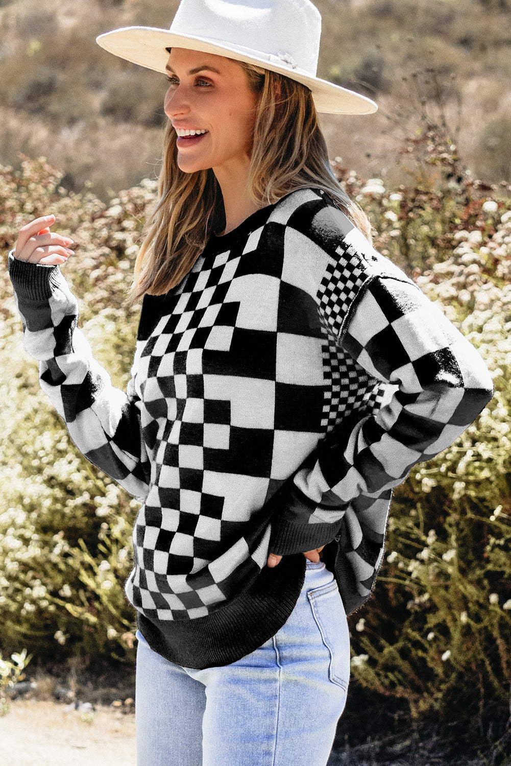 Khaki Checkered Print Drop Shoulder Round Neck Sweater eAura