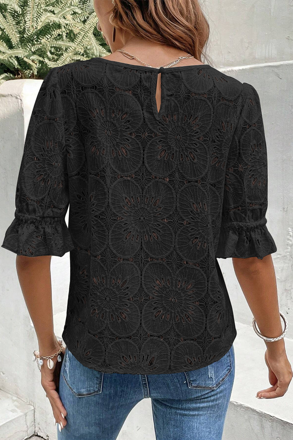 Black Flower Eyelet Jacquard Keyhole Flounce Sleeve Top eAura