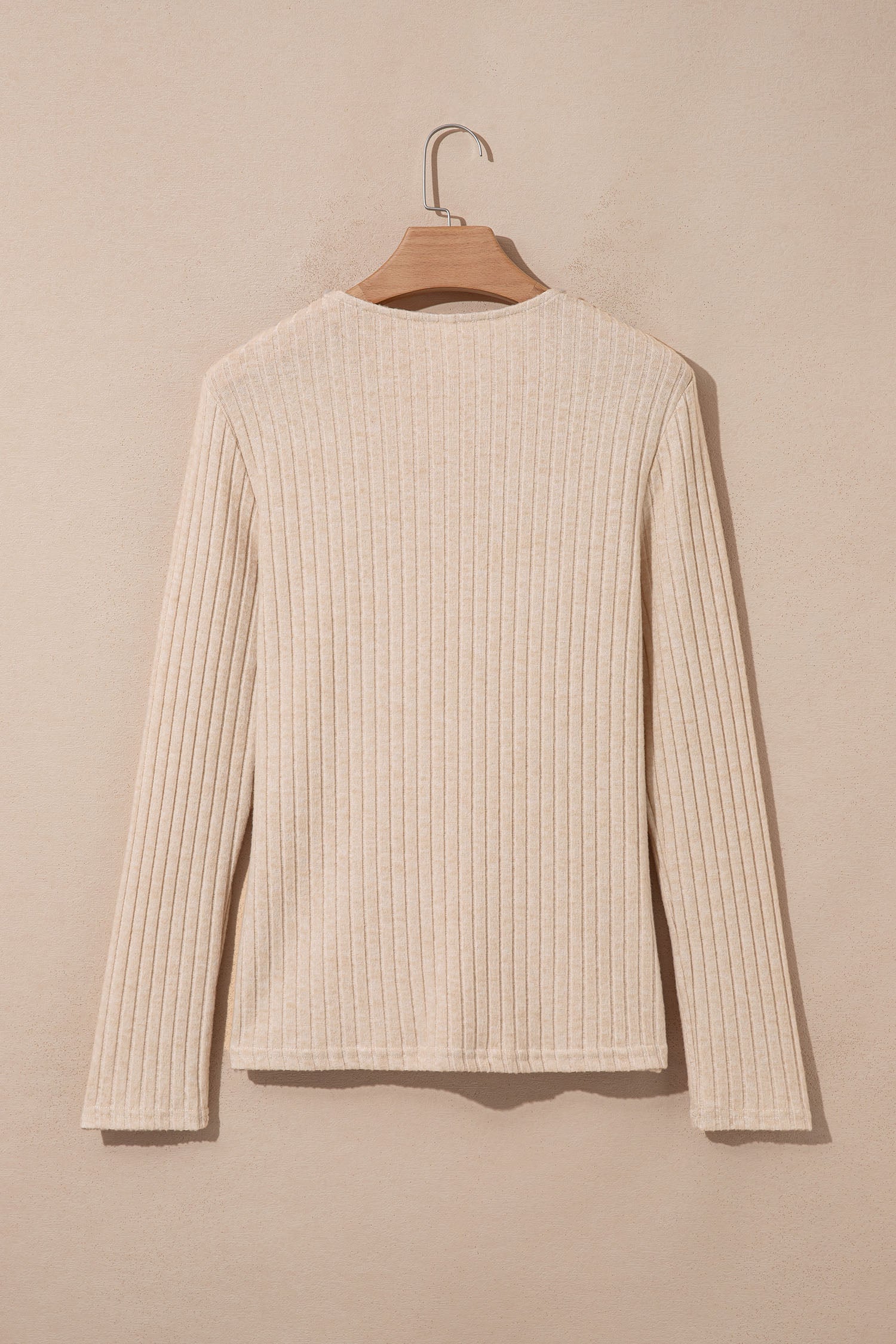 Apricot Solid Color Ribbed Knit Cowl Neck Long Sleeve Top – Beige