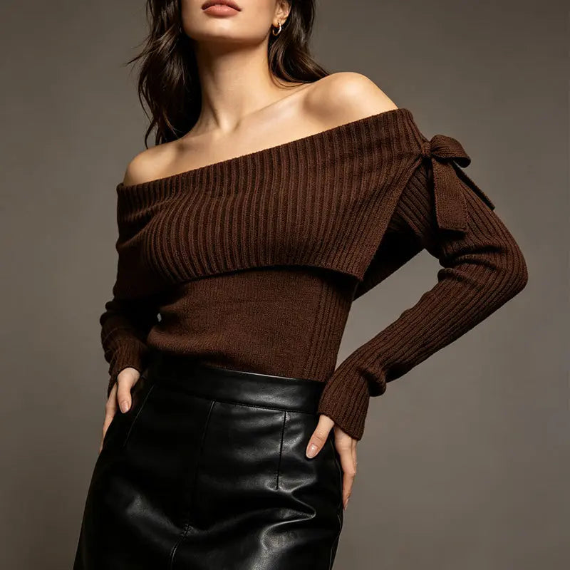 Brown off-shoulder sweater, angled front view