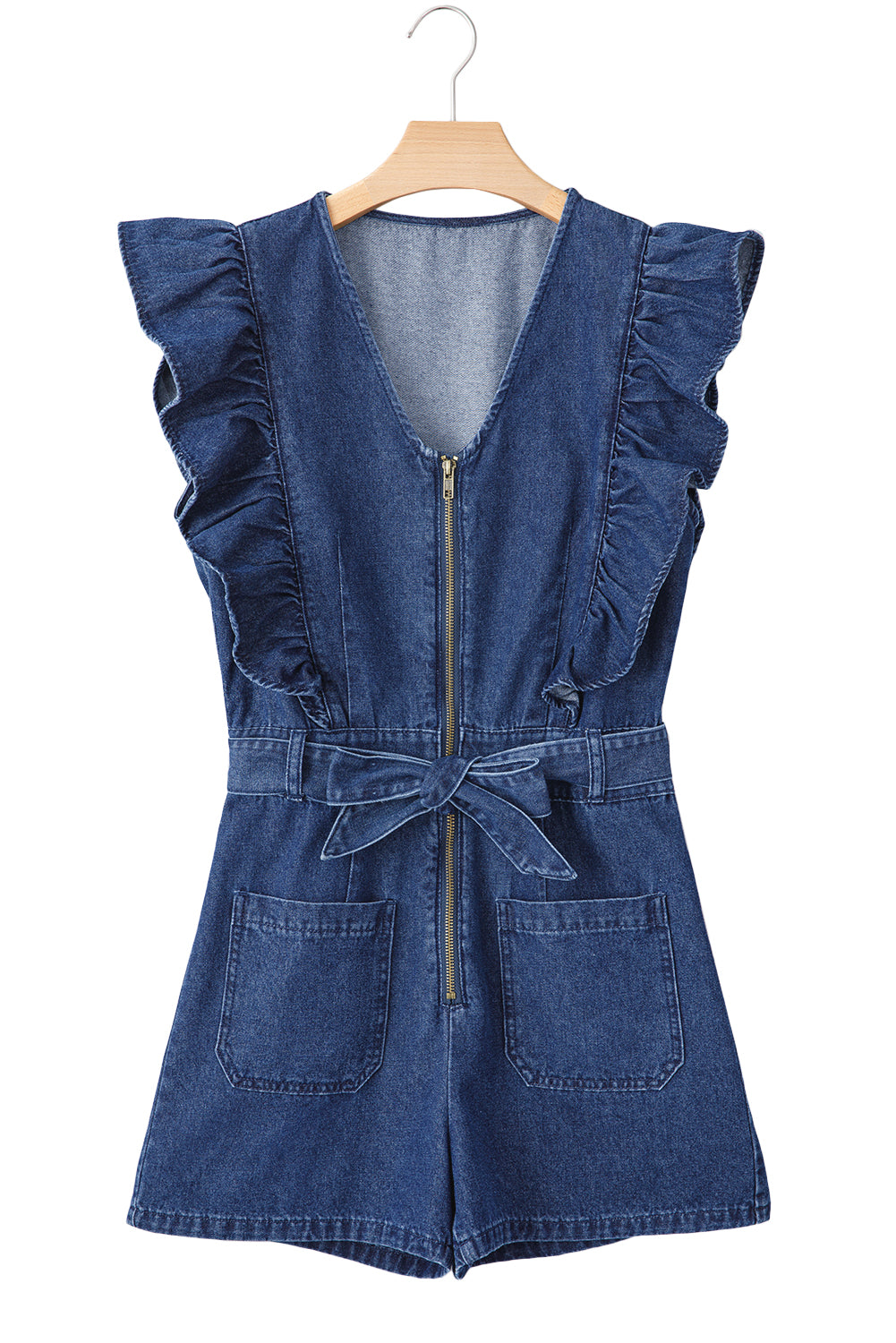 Sail Blue Denim Ruffled Zipped Front Belted Romper eAura