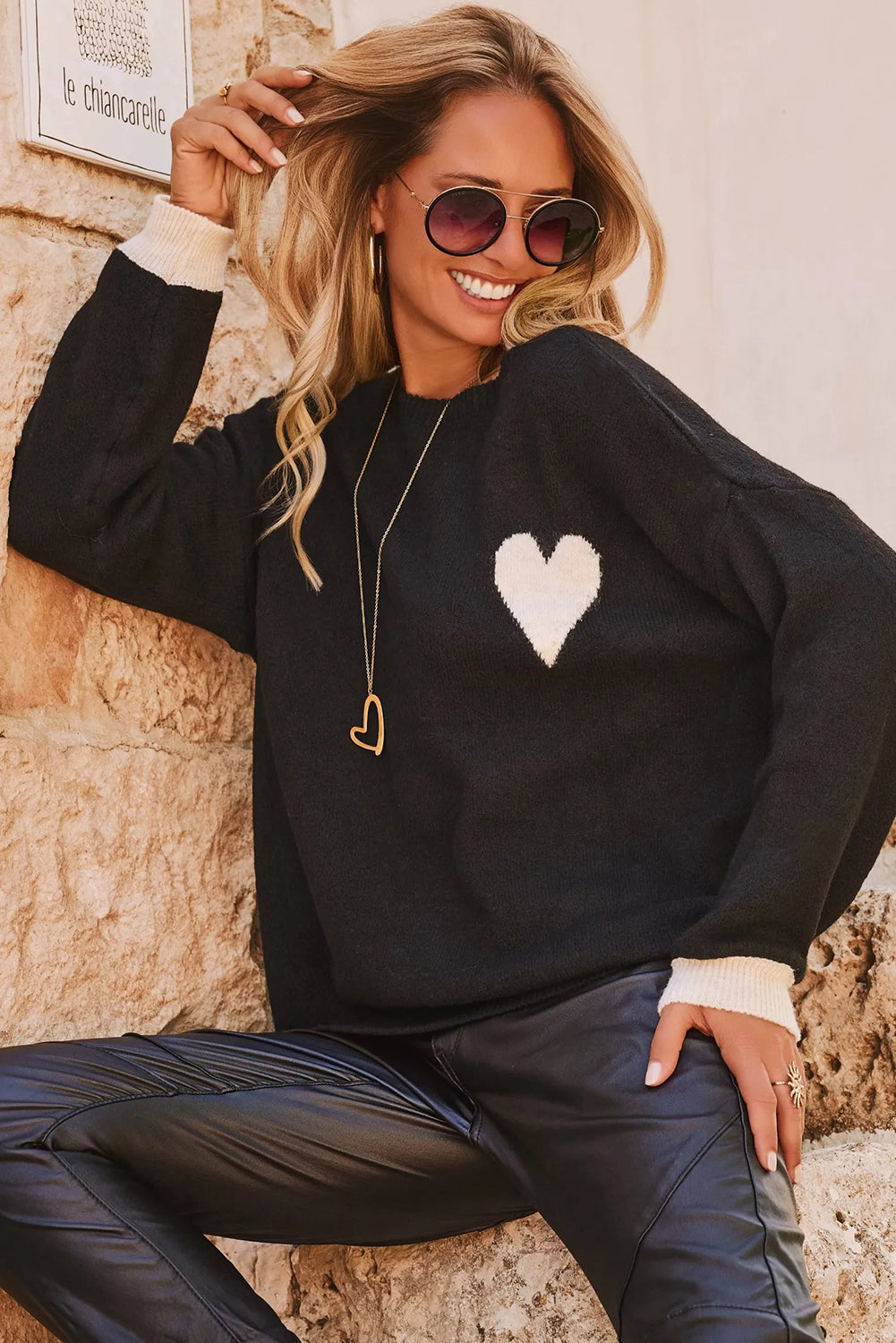 Black Heart Detail Contrast Cuffs Baggy Sweater - Sweaters & Cardigans/Sweaters