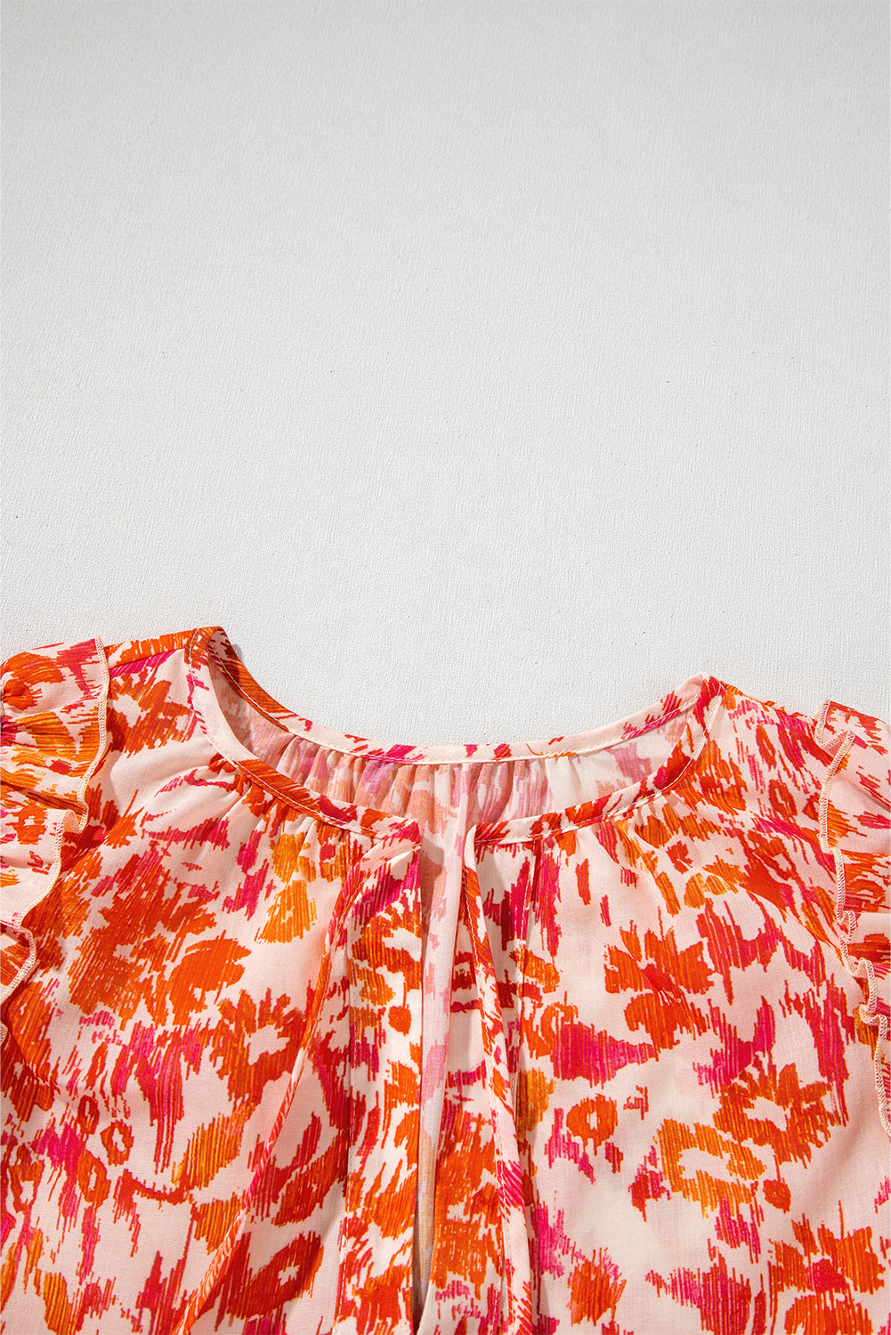 Orange Floral Print Ruffled Short Puff Sleeve Split Neck Blouse BB Fashion Outlet