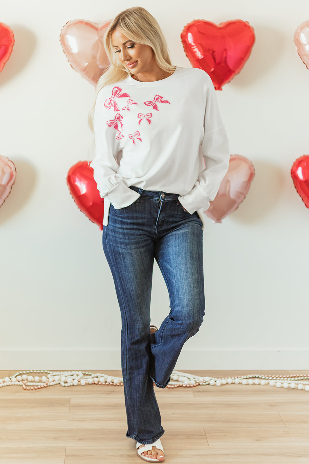 White Sequin Bowknot High Low Oversize Sweatshirt eAura