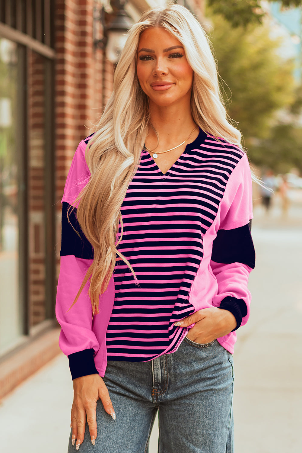 Pink Stripe V-Neck Loose Fit Long Sleeve Top - eAura