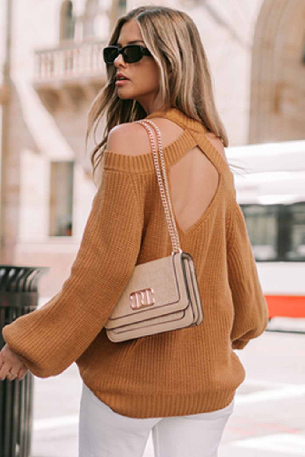 Brown Crew Neck Cold Shoulder Hollow-out Back Sweater eAura