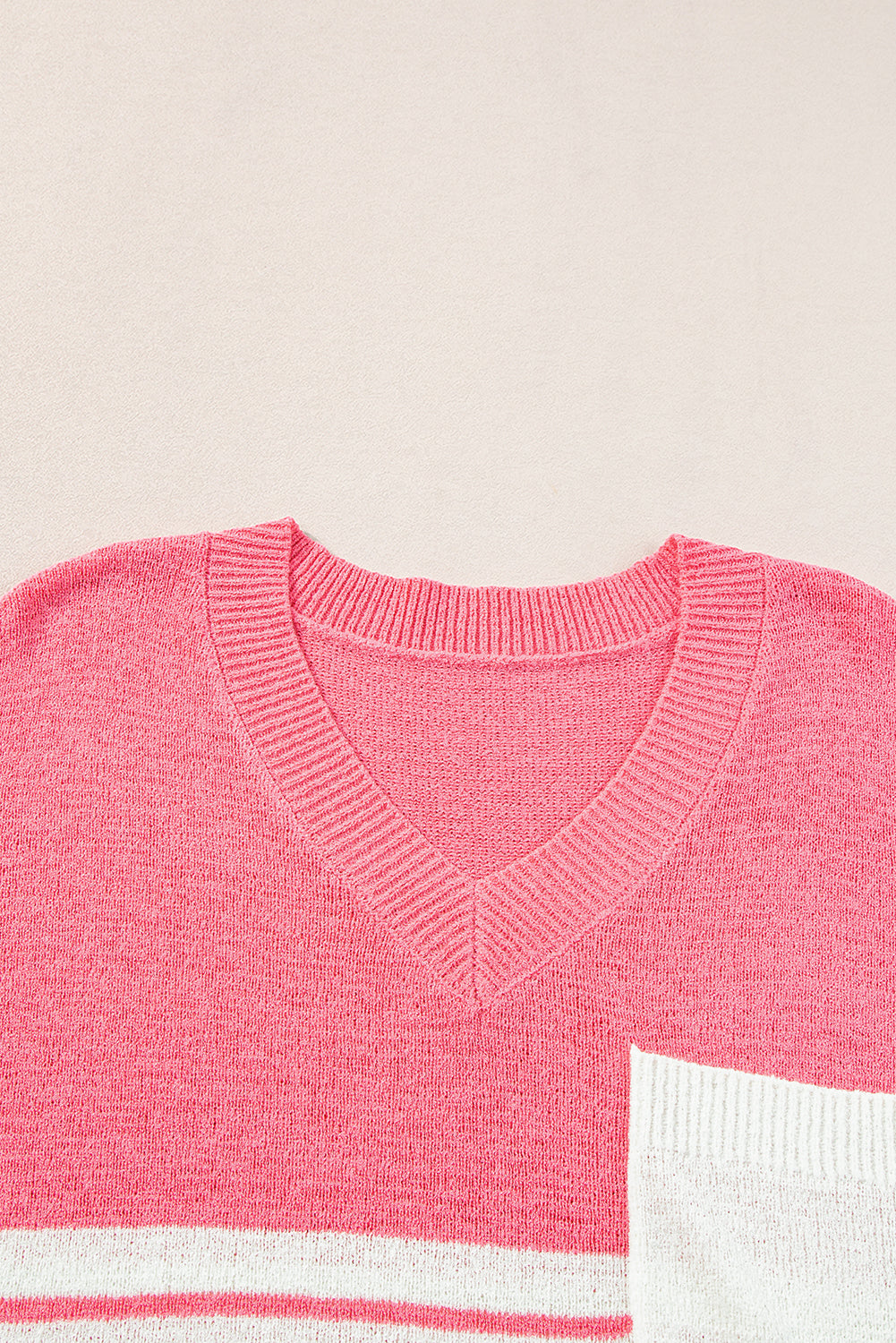 Strawberry Pink Contrast Stripes V Neck Knitted Short Sleeve Top eAura